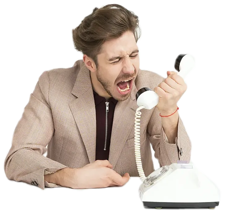Ein Vertriebsmitarbeiter schreit genervt ins Telefon